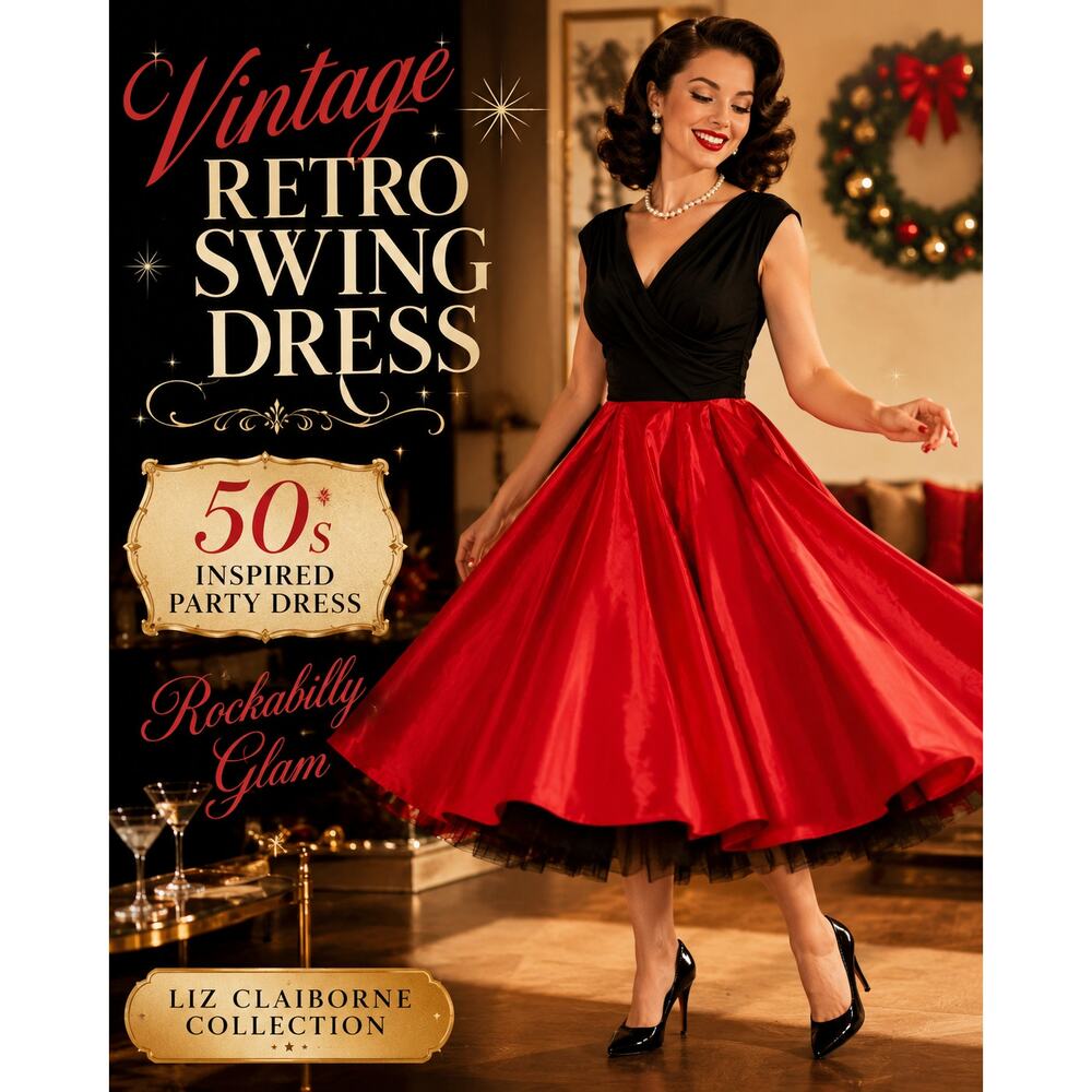 Vintage Liz Claiborne 50s Style Swing Dress Red Black Rockabilly Size 12